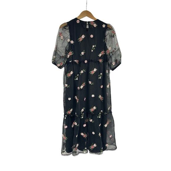 H&M Black Floral Appliqué Mesh Puff Sleeve Midi Dress Fairy Whismigoth Womens XS - Picture 6 of 8
